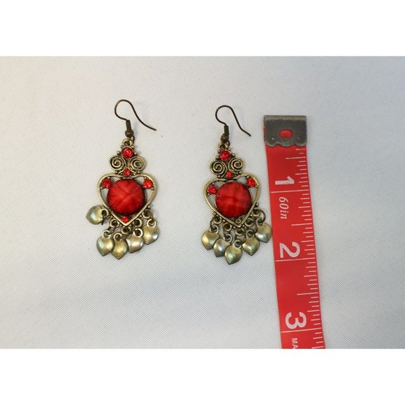 Vintage Gold & Red Hearts Dangle Drop Earrings - Picture 3 of 5